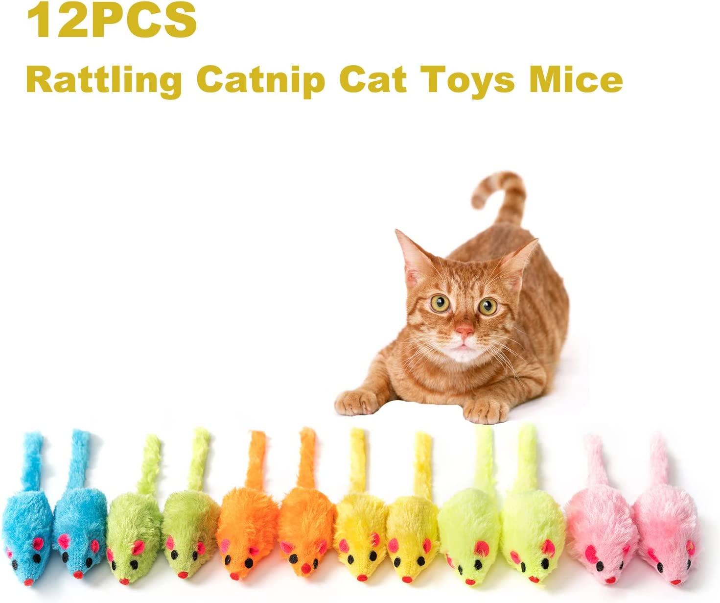 twelve Kobe Mouse cat toys. 2 blue, 2 green, 2 orange, 2 yellow, 2 light green, and 2 pink mice.