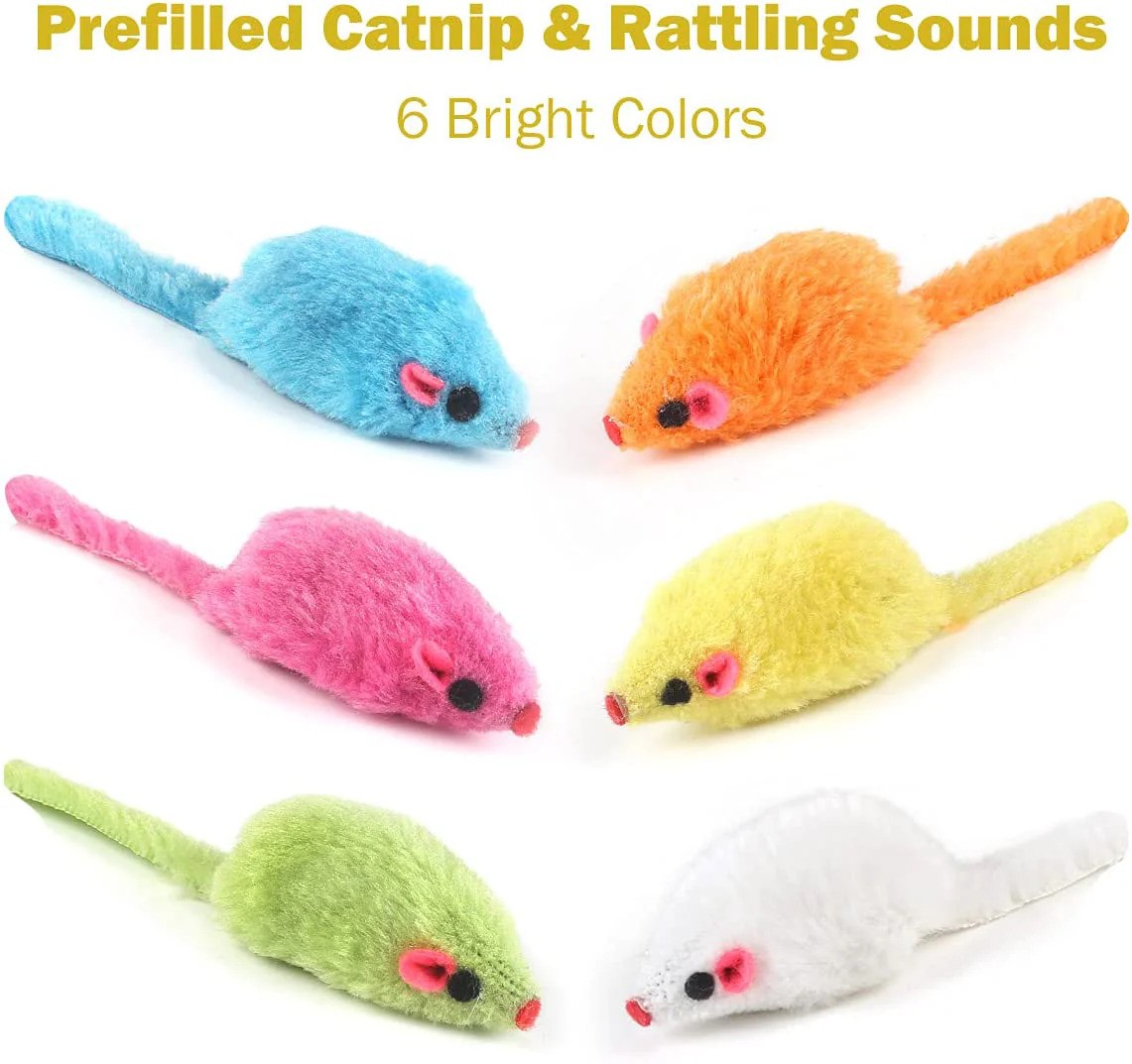 six Kobe Mouse cat toys. each has a different color: blue, orange, pink, yellow, green, and white.