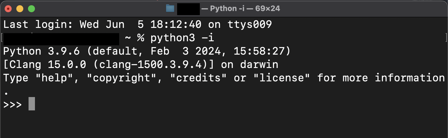 mac terminal showing an interactive Python session